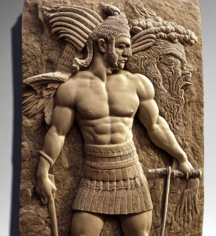 Ancient warrior sculpture with winged helmet and weapon, featuring ram's head relief.