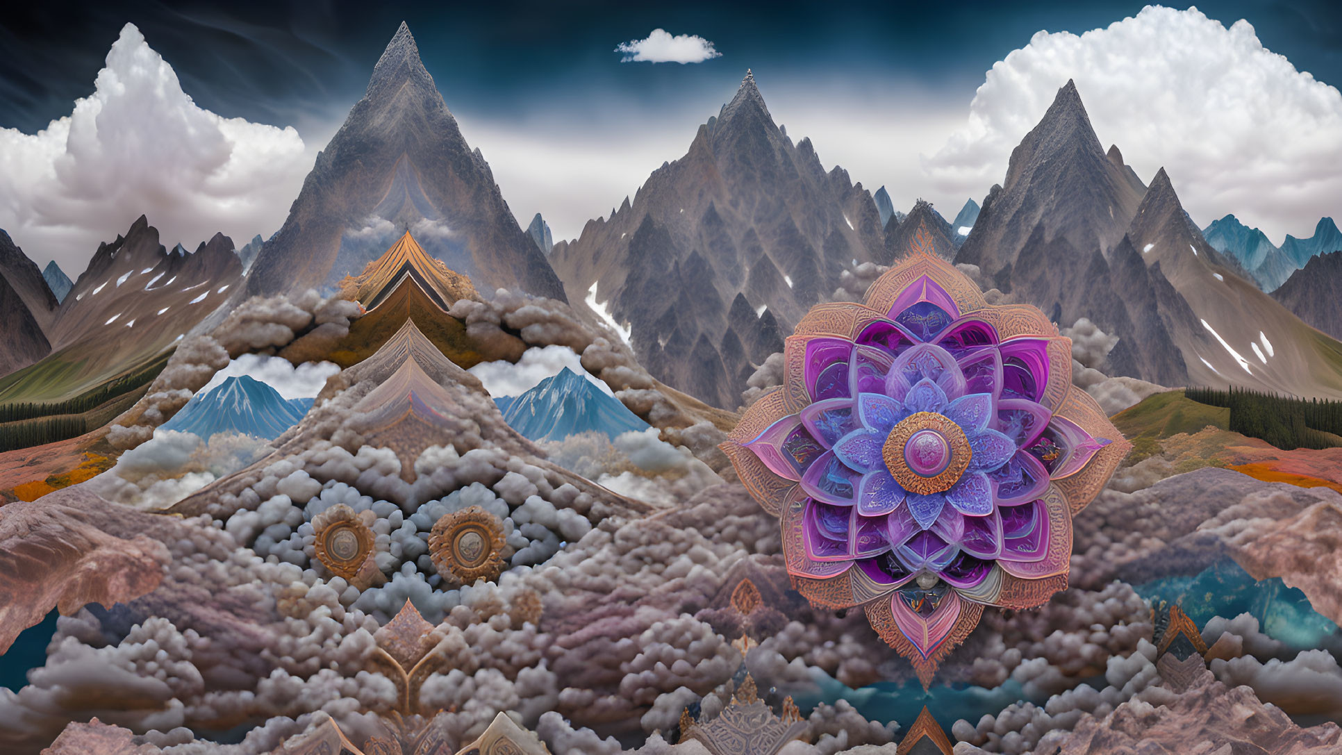 Surreal landscape with sharp mountain peaks, symmetrical temples, mandala, and billowing clouds