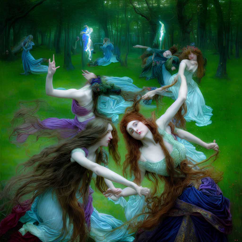 Ethereal women dancing in mystical green forest