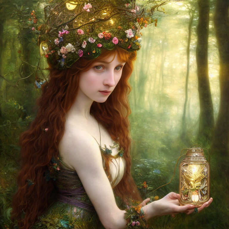 Woman with floral crown and lantern in enchanted forest with glowing butterfly