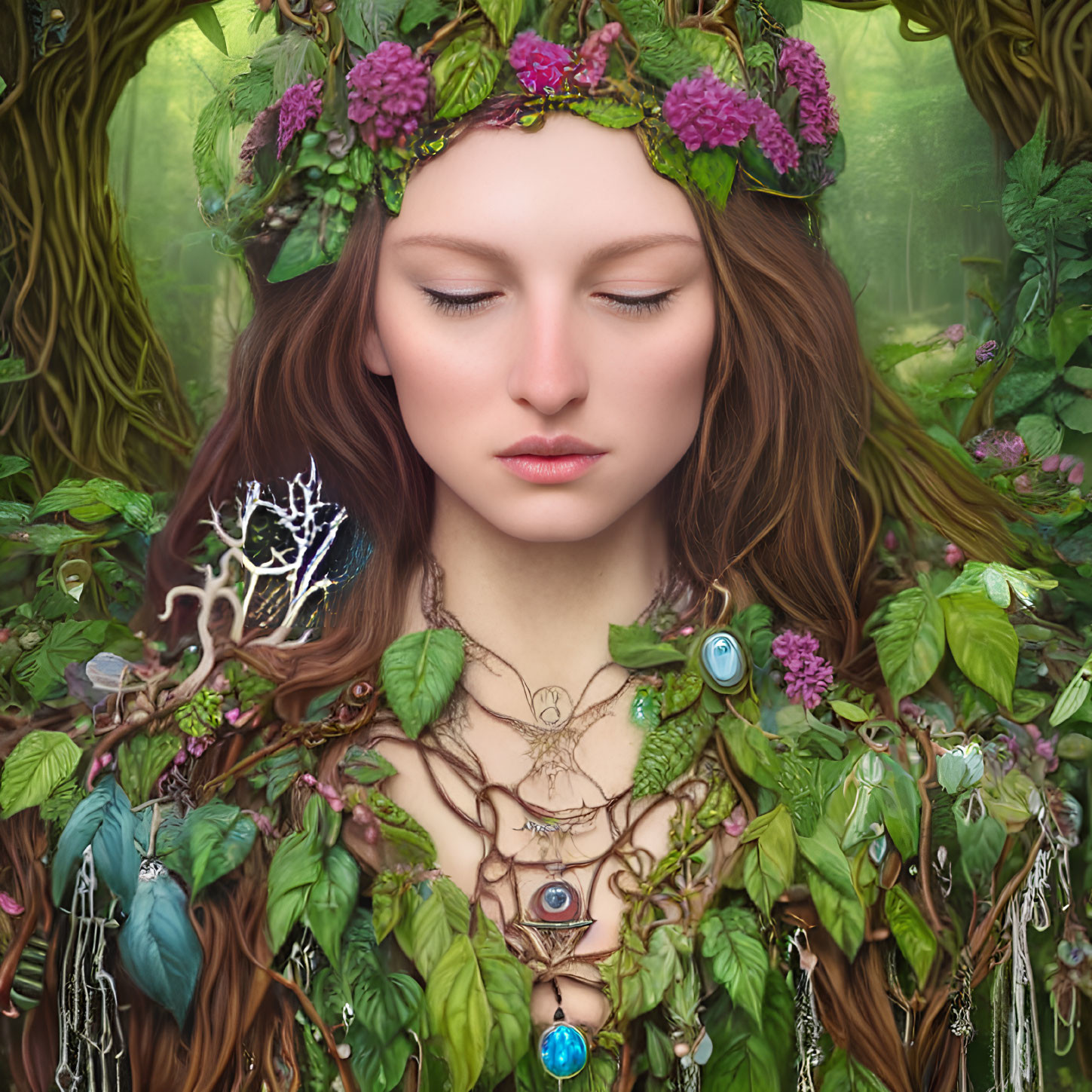 Woman with floral crown in lush greenery exudes mystical forest vibe