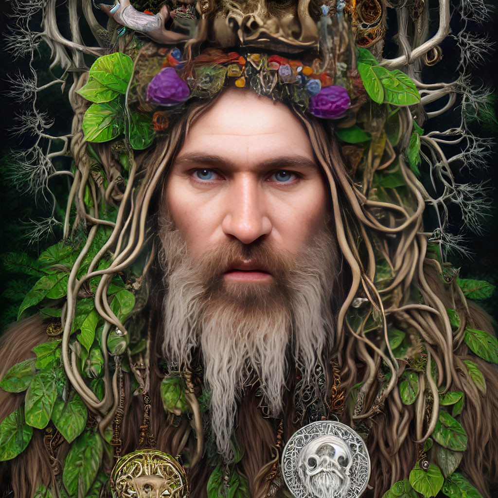 Forest Spirit with Crown of Branches, Leaves, and Crystals