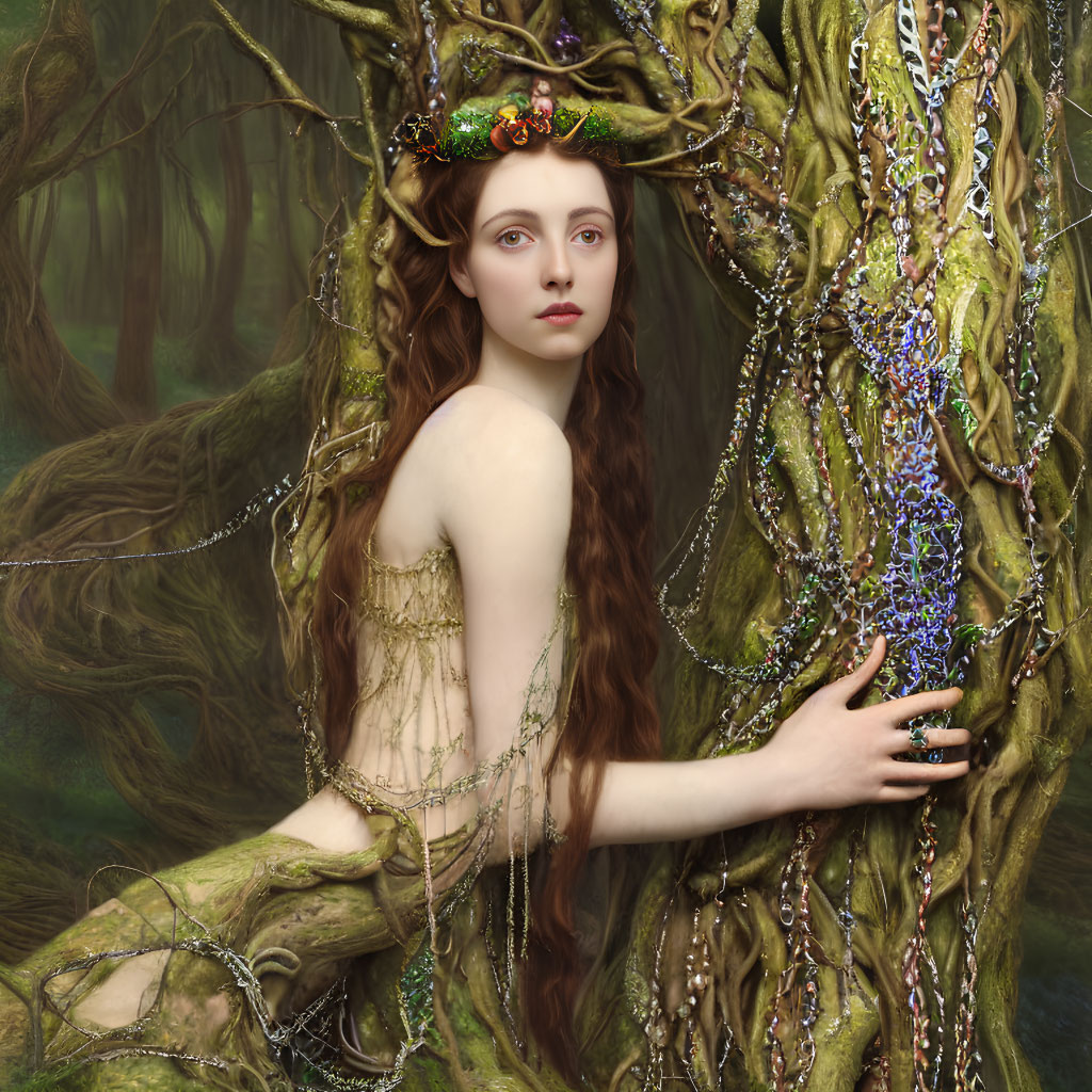 Woman in leafy crown with tree, chains, and blossoms in mystical forest