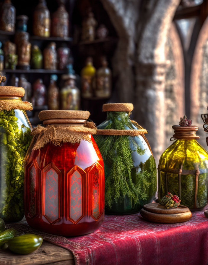 Colorful Preserved Vegetables in Glass Jars on Rustic Table