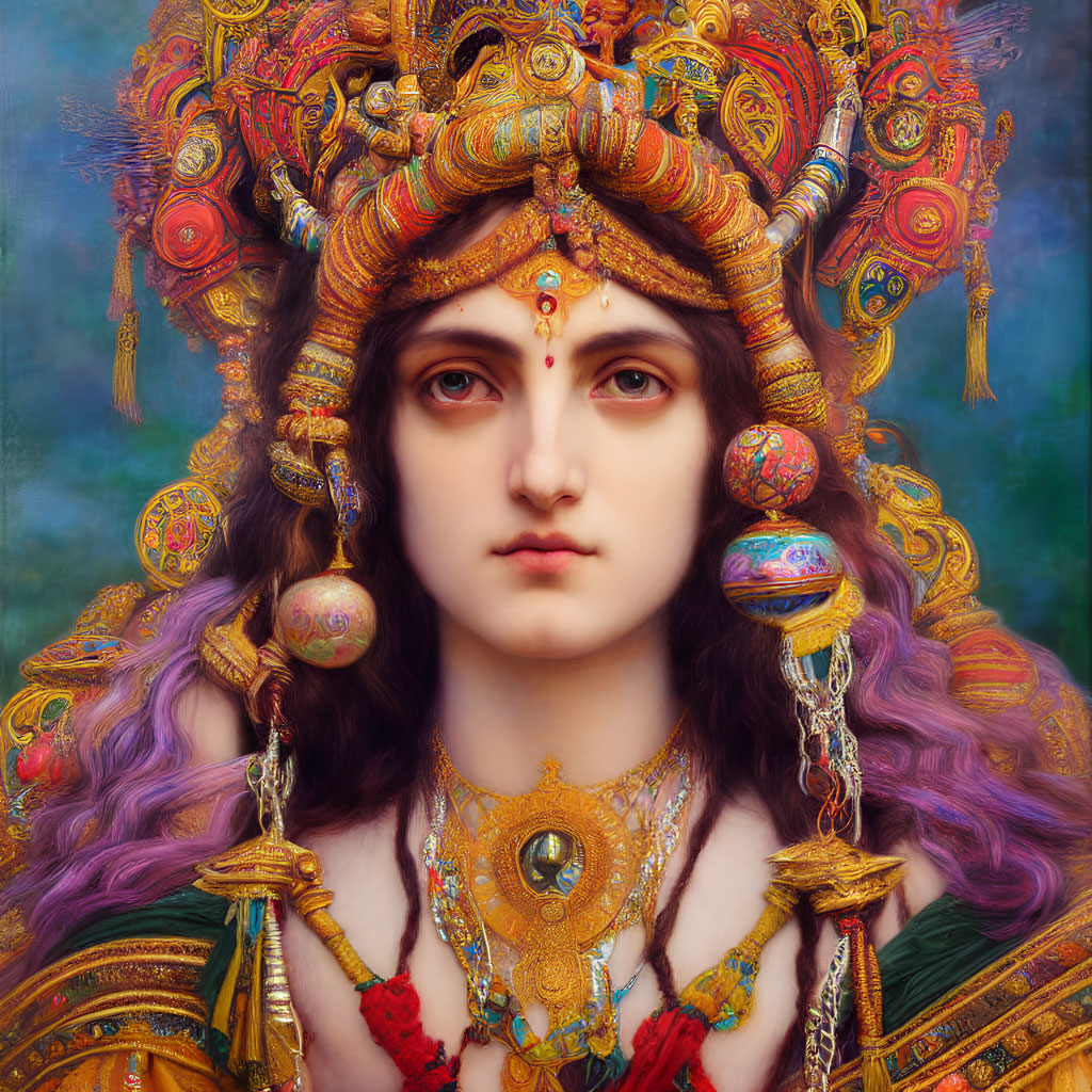 Regal headdress adorned figure in mystical aura against vibrant backdrop