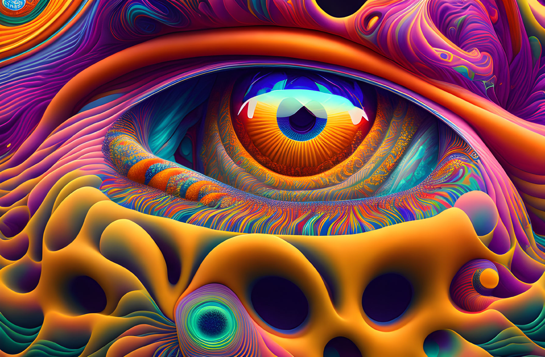 Colorful swirling patterns around a vibrant eye