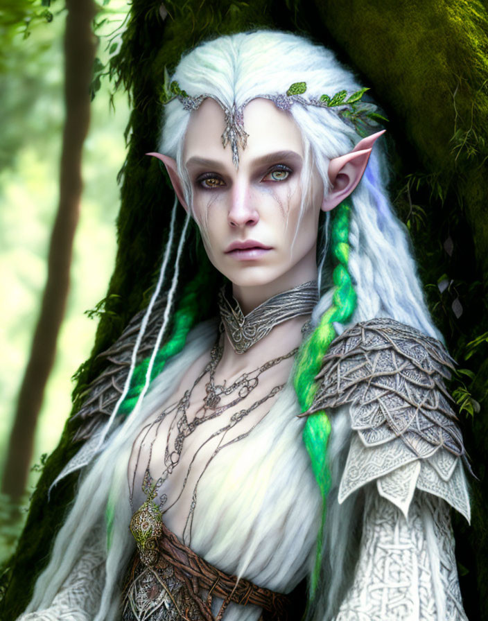 Ethereal elf with white hair and leaf jewelry in ornate armor.