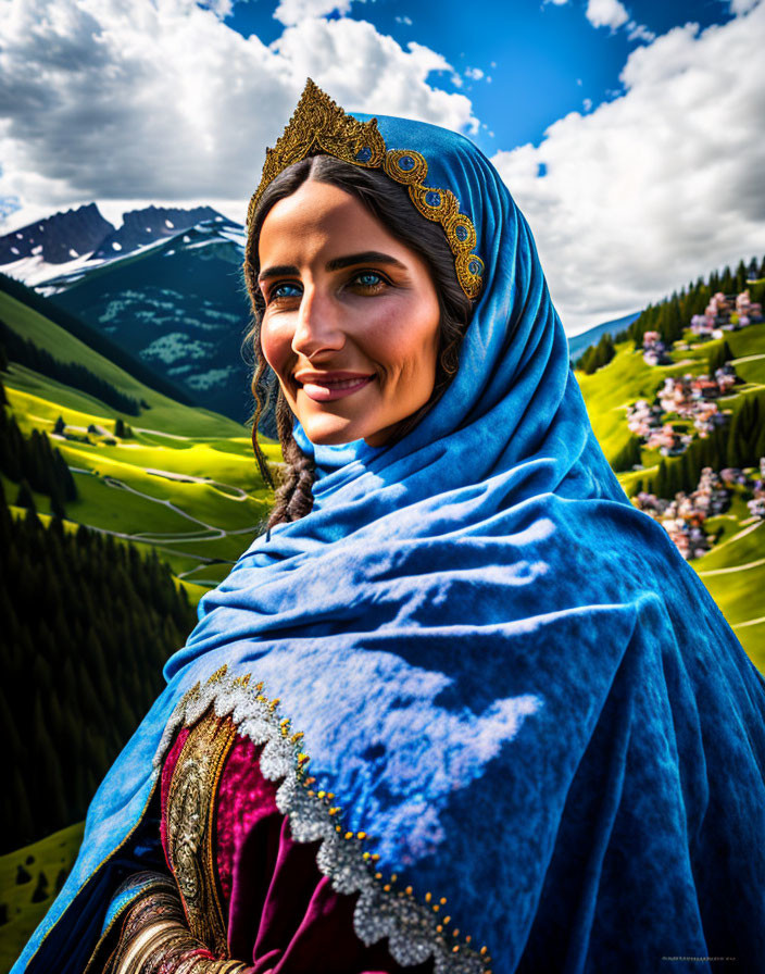 Woman in blue headscarf smiles in mountain village scenery