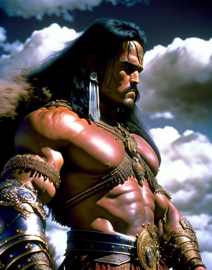 Fantasy warrior with long black hair and earring under cloudy sky