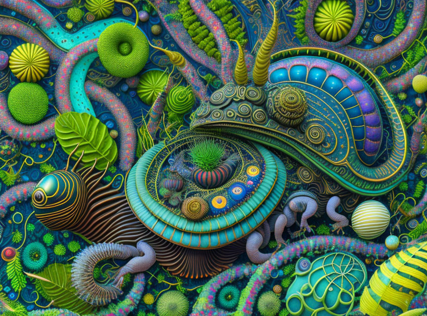 Colorful Psychedelic Artwork: Snail with Intricate Patterns in Fantasy Environment