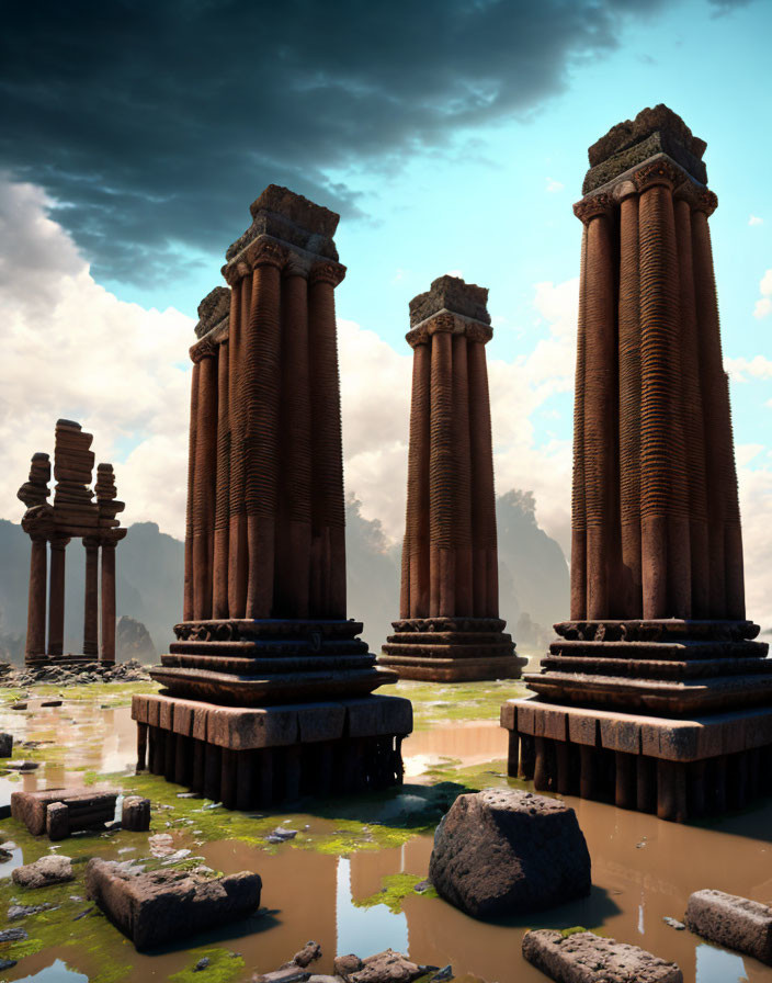 Stone pillars in marshy lake with ruins under dramatic sky