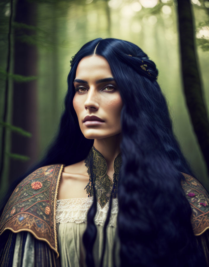 Dark-haired woman in medieval dress and circlet in forest setting