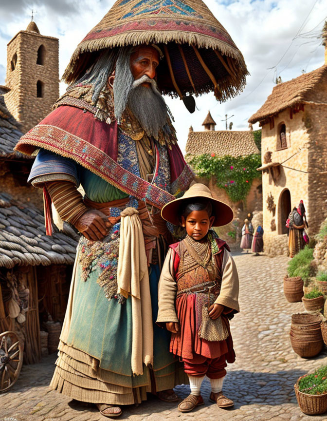 Elderly person in traditional dress with child in village scene