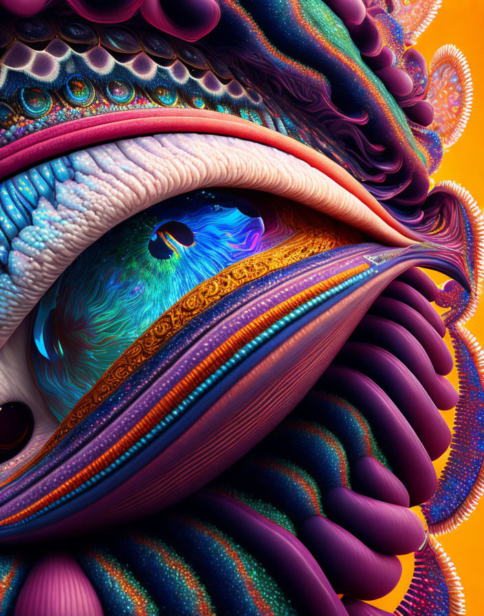 Abstract digital artwork: Vibrant, multi-layered structure with intricate patterns and central eye.