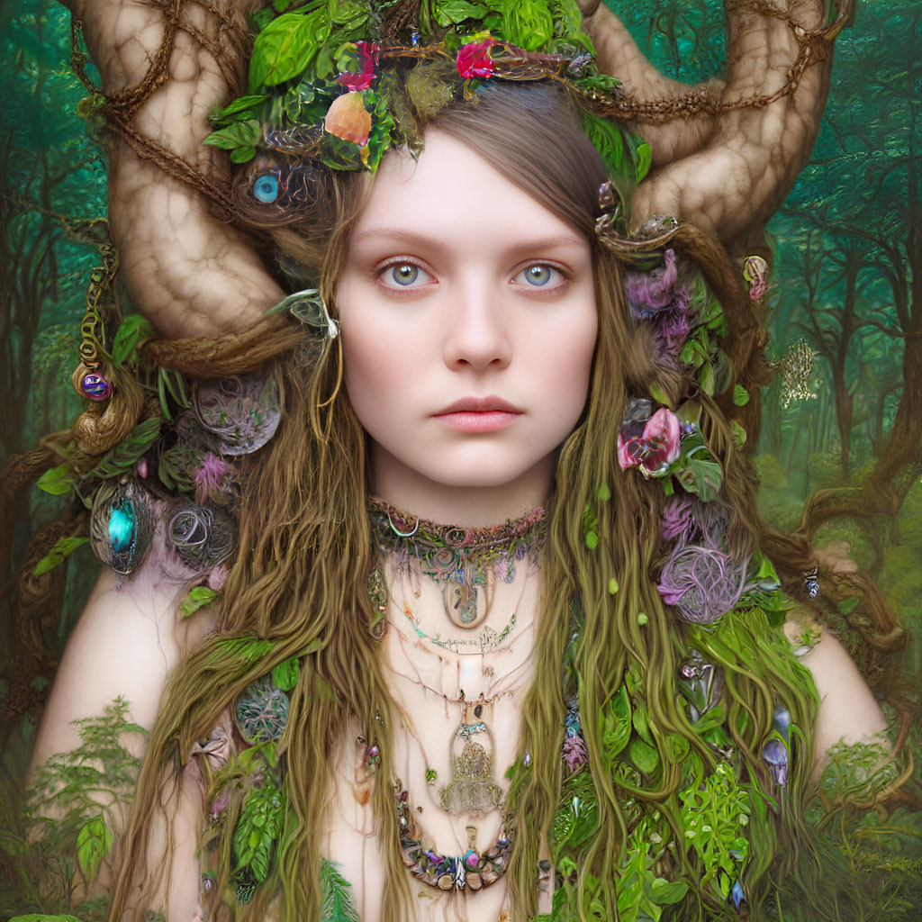 Horned forest creature adorned with flowers and jewels in mystical setting