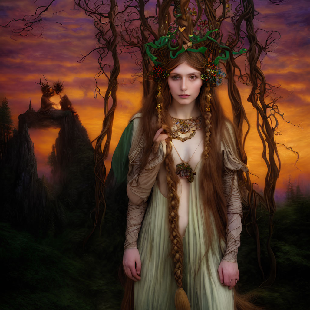 Fantasy Woman in Decorative Outfit Amid Mythical Landscape