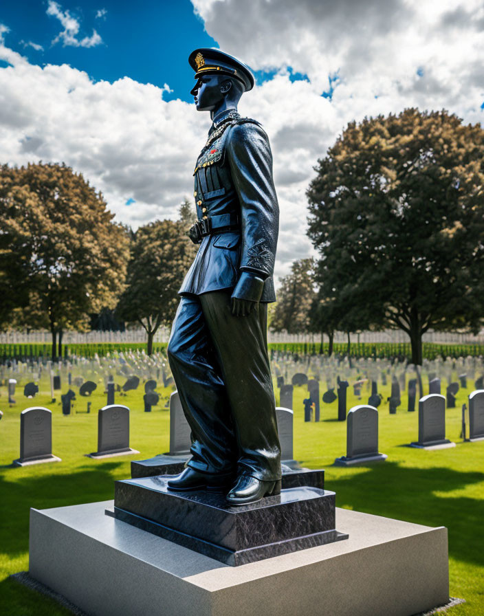 Military officer statue in cemetery with uniform headstones under cloudy sky