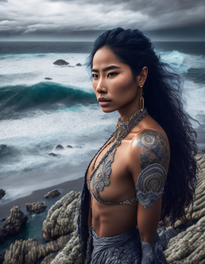 Elaborately tattooed woman in intense gaze against stormy seascape