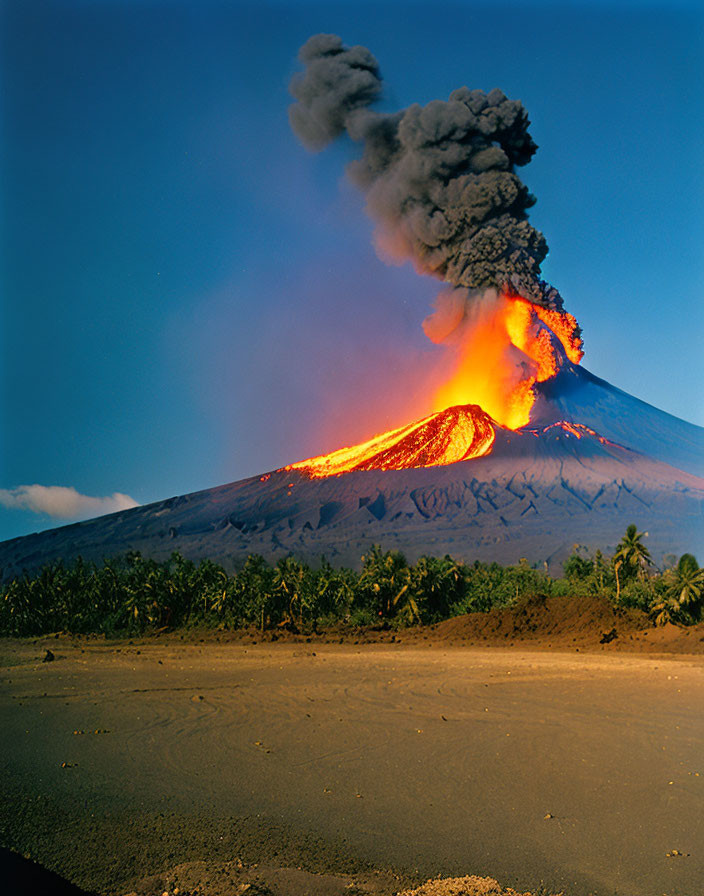 Erupting volcano spews lava and ash over tropical palm trees at dusk