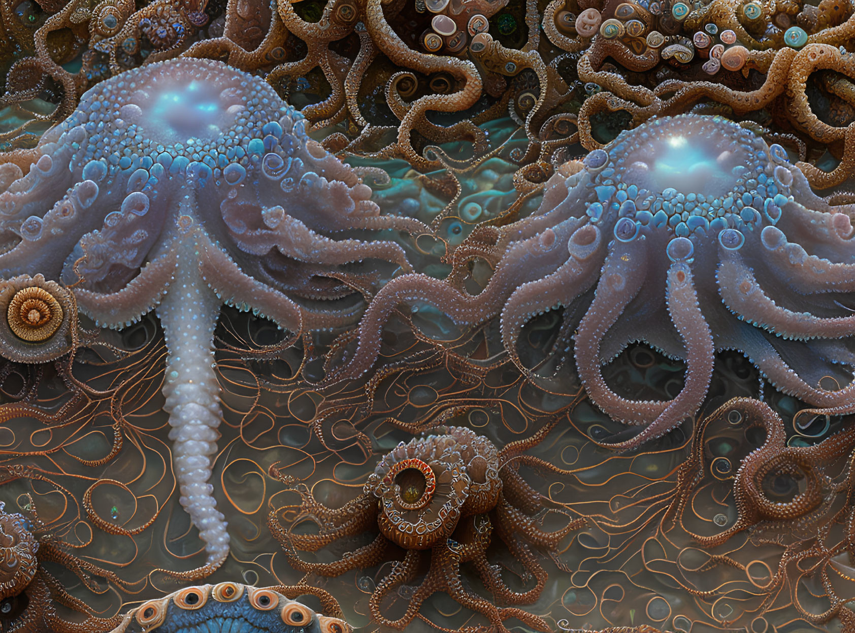 Detailed Octopus-Like Creatures with Glowing Eyes on Coral Reef Background