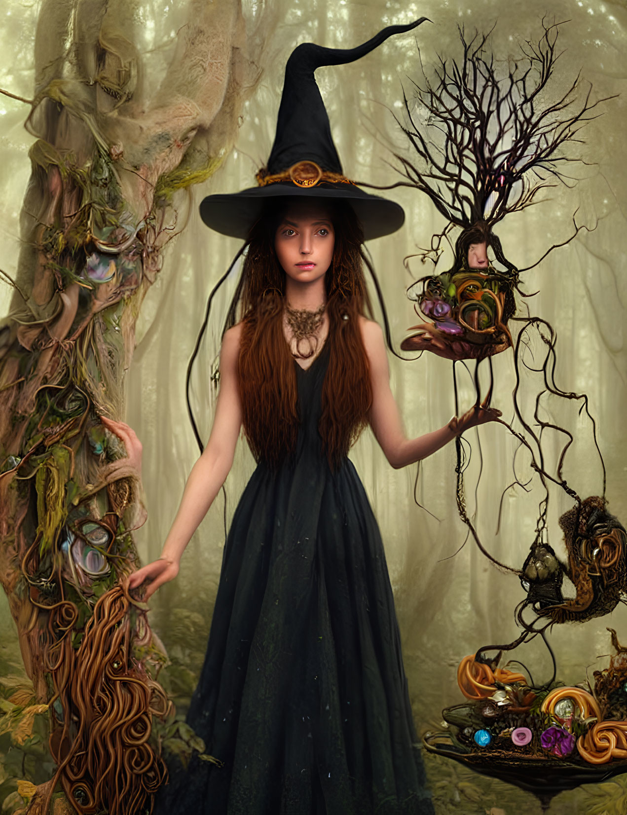 Person in Witch Costume Conjuring in Mystical Forest