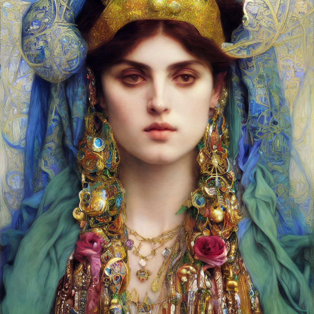 Regal woman with golden crown and ornate cloak