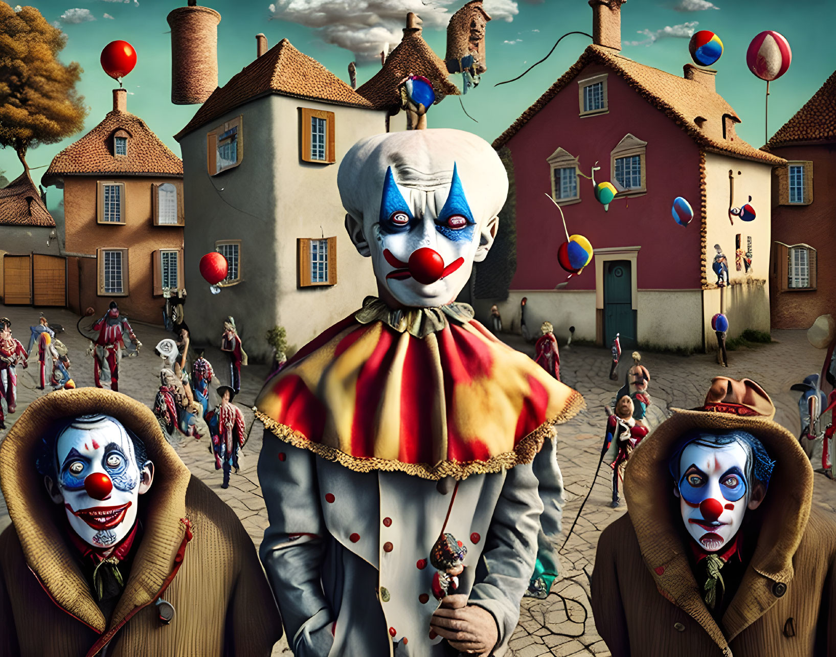 Colorful Clown Stands Out in Crowd of Identical Clowns on Whimsical Street