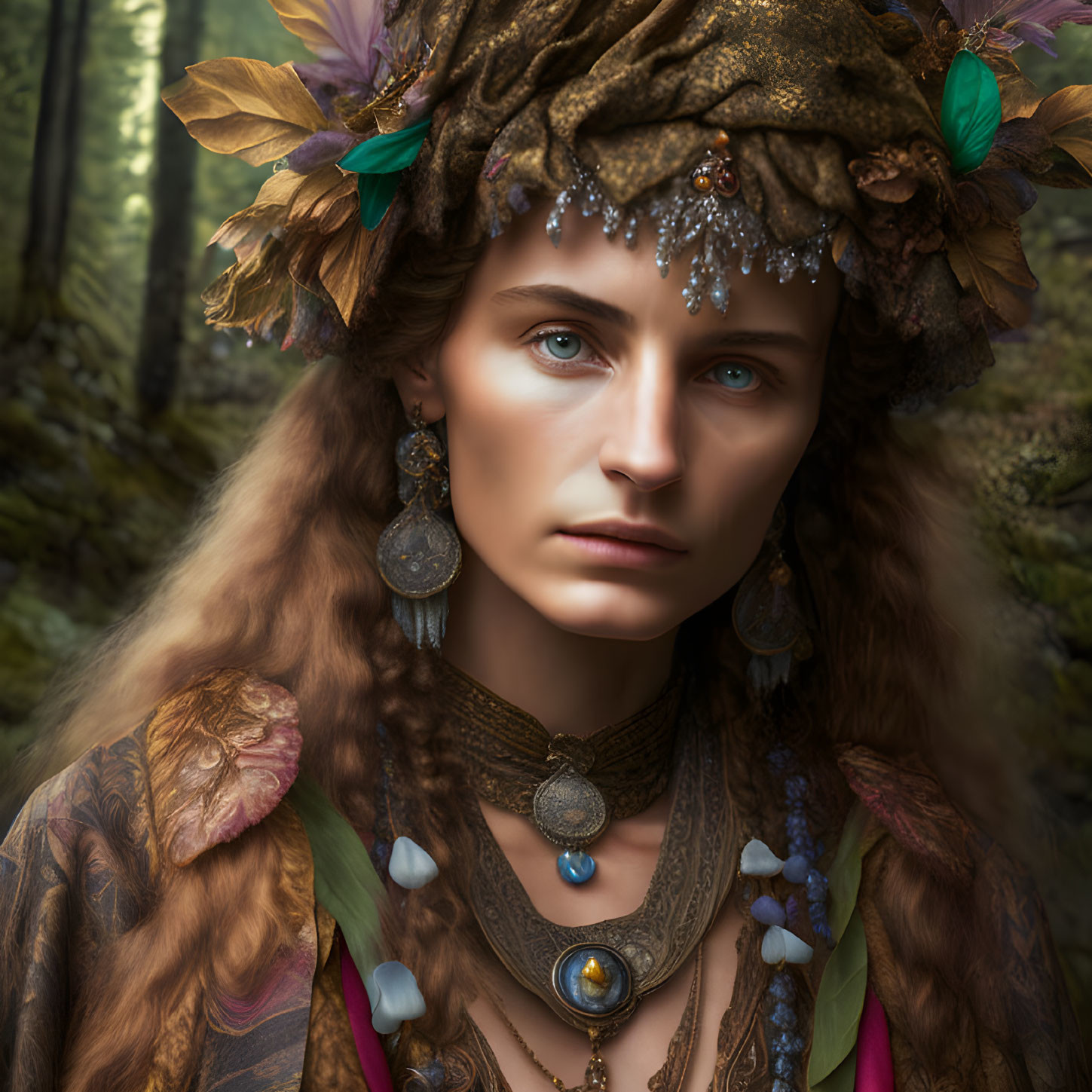 Woman with Intense Blue Eyes in Nature-Inspired Headdress and Vintage Bohemian Outfit