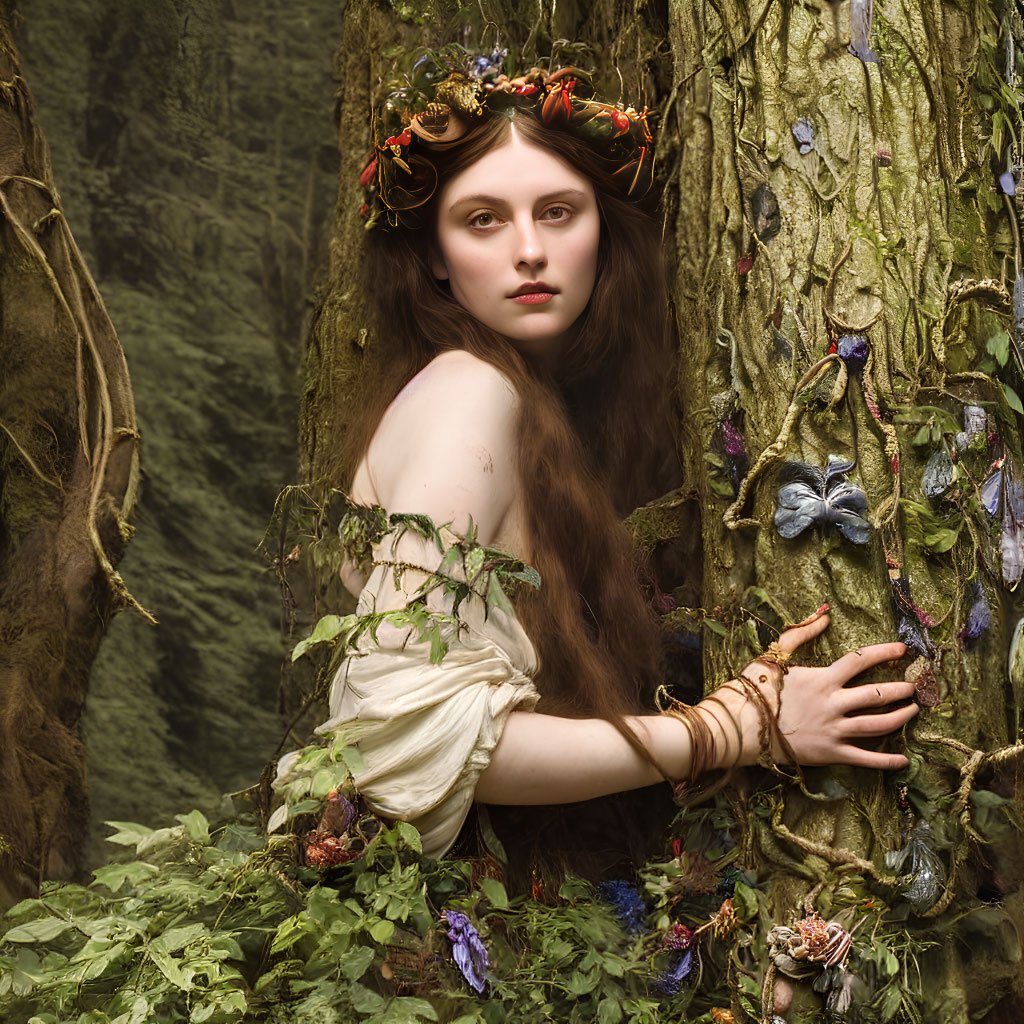 Woman in floral crown draped in ethereal attire in mystical forest setting