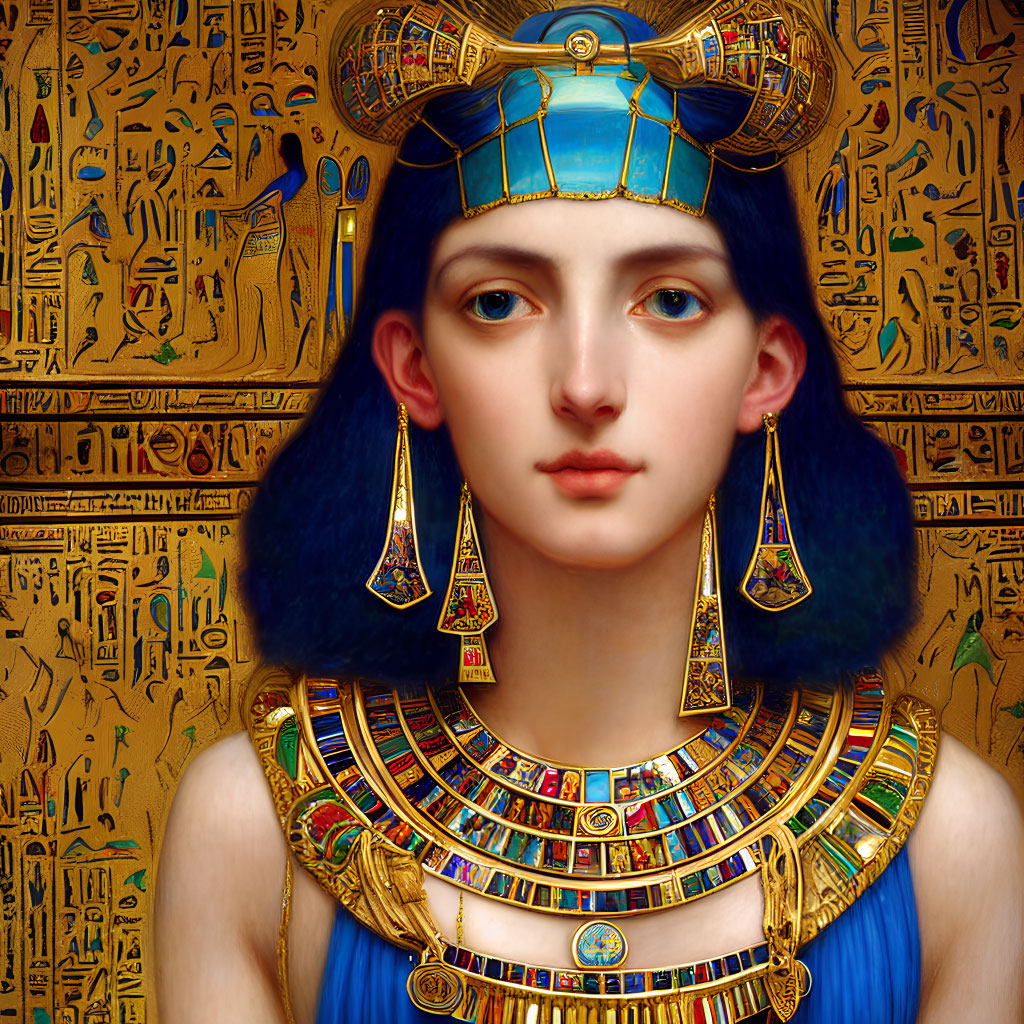 Detailed portrait of a woman styled as Ancient Egyptian with lavish headdress and jewelry.