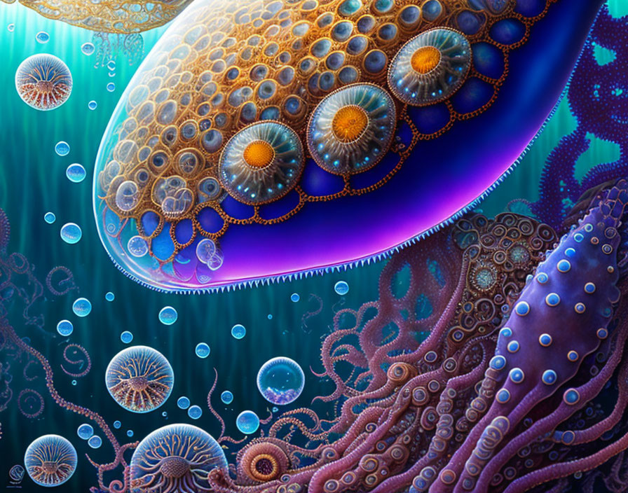 Colorful Underwater Scene with Ornate Jellyfish & Bubbles