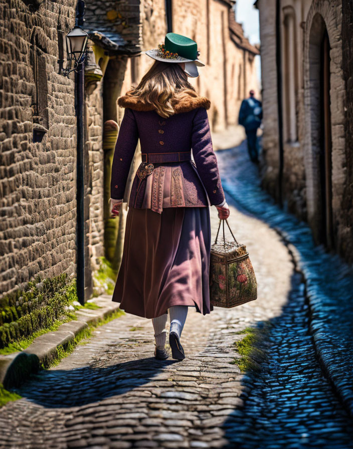 Vintage-clad woman with basket walks on cobblestone street with man under street lamp