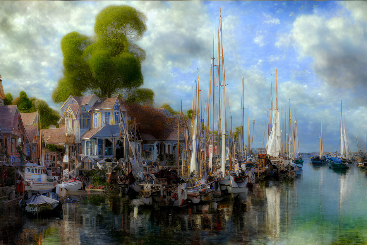 Tranquil waterfront harbor with sailboats and charming buildings under dramatic sky