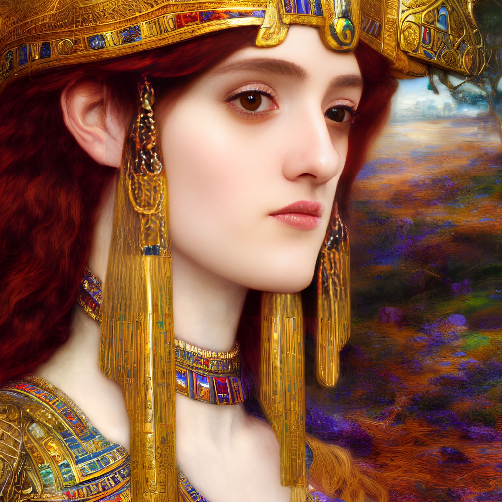 Portrait of Woman with Red Hair and Golden Jewelry Against Colorful Background