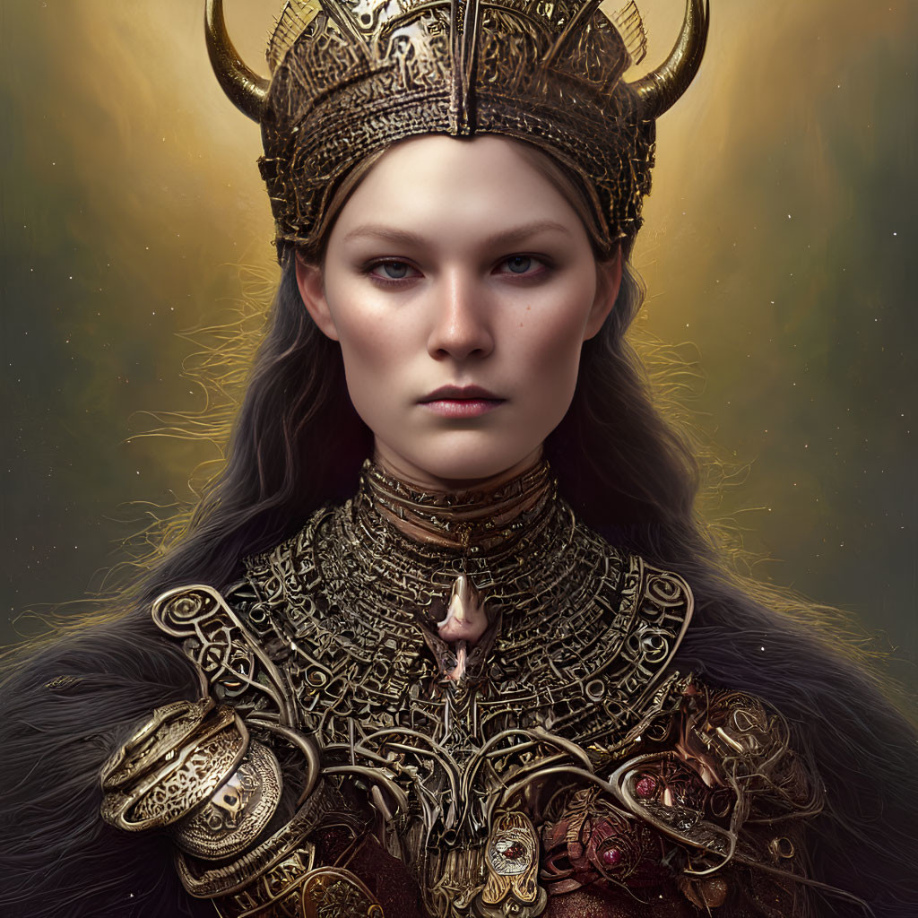 Regal woman in golden armor and crown on soft backdrop