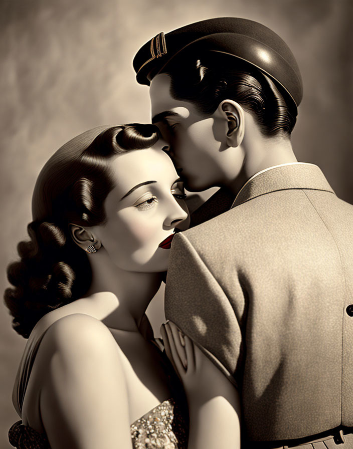 Vintage romantic scene: Man in uniform whispers to woman with 1940s hairstyle