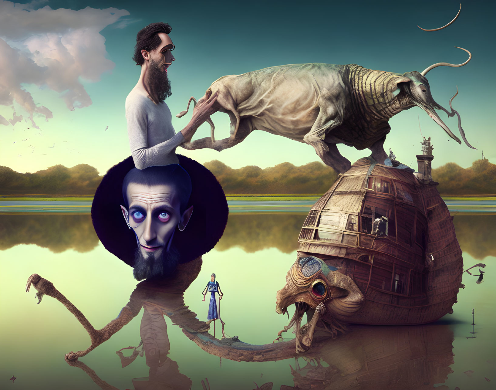 Surreal digital art: man on elephant near shipwreck with human face