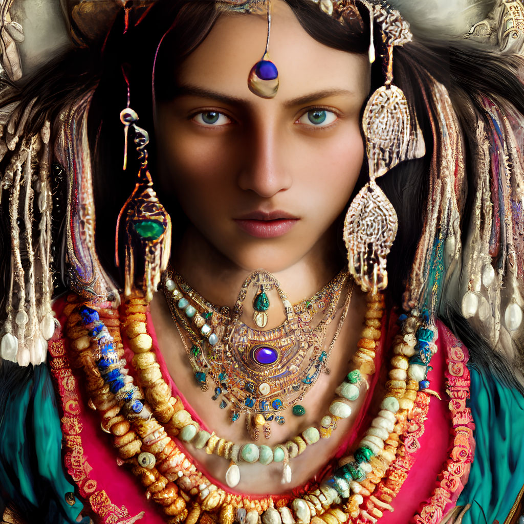 Colorful Tribal Jewelry Adorned Woman Gazing Intently