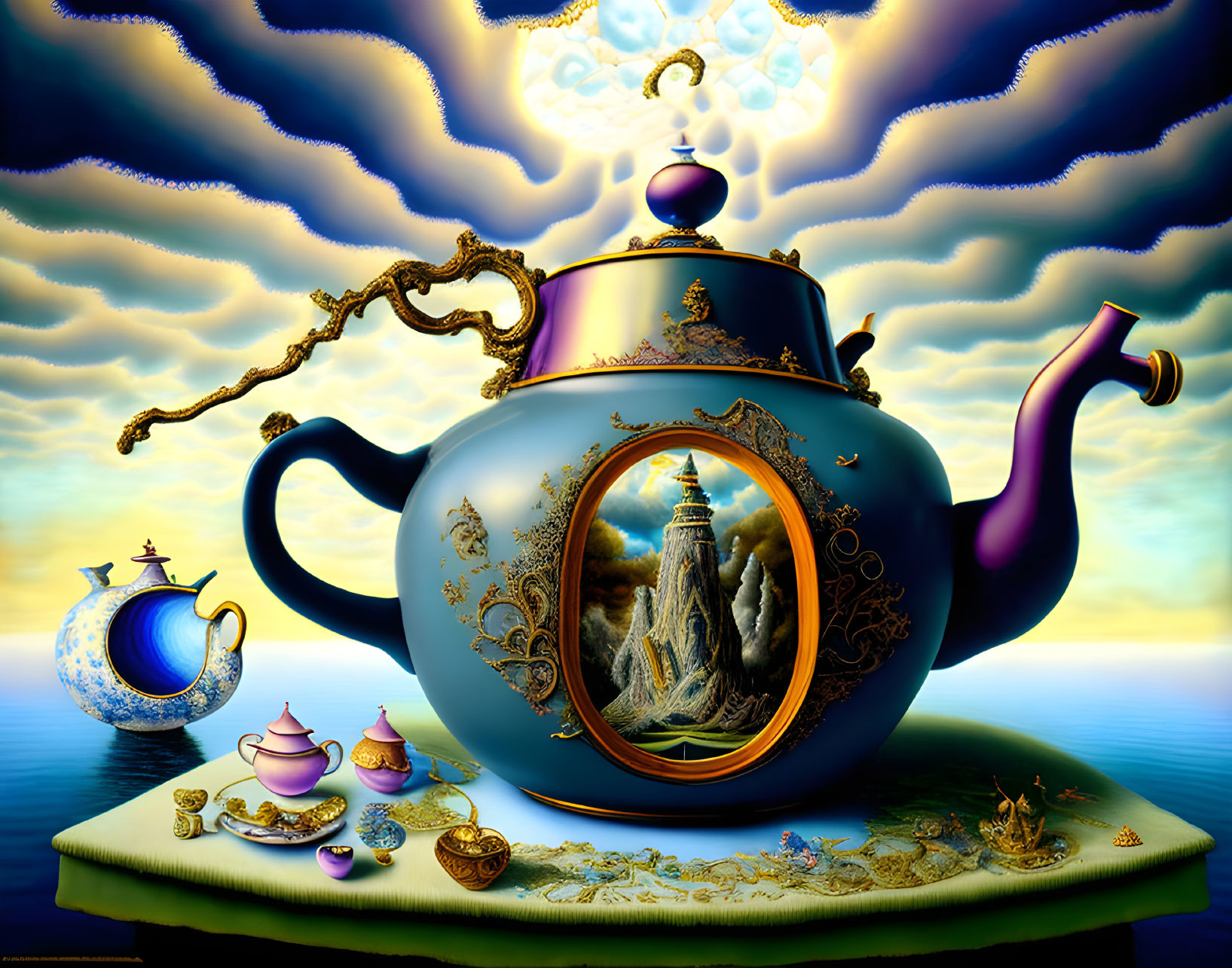 Surreal image of ornate teapot with landscape scene, smaller pot, cups, checkerboard