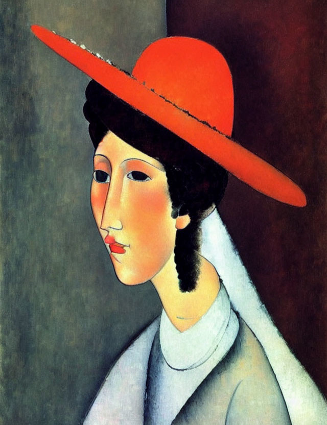 Stylized painting of woman in orange hat and white garment