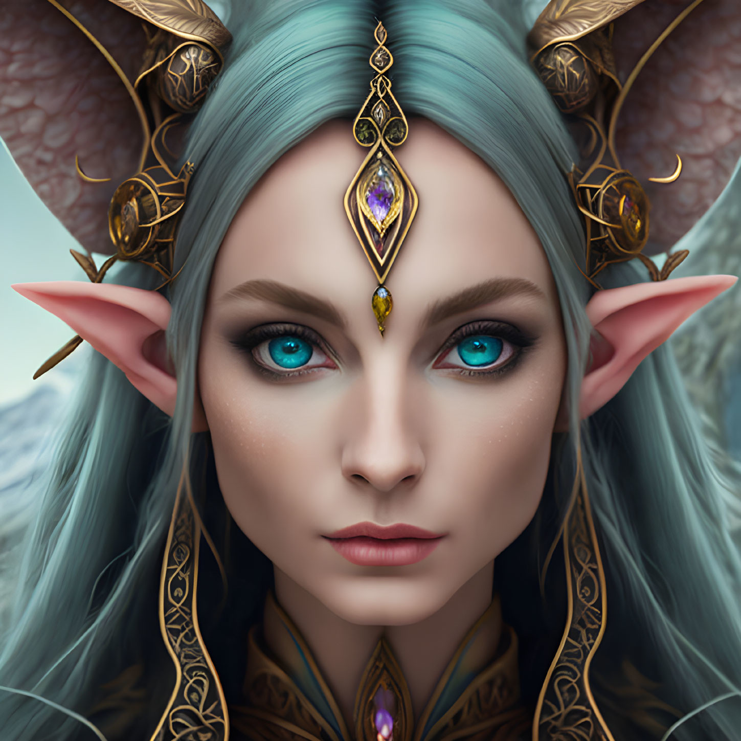 Fantasy elf illustration with turquoise hair and elaborate gold head jewelry