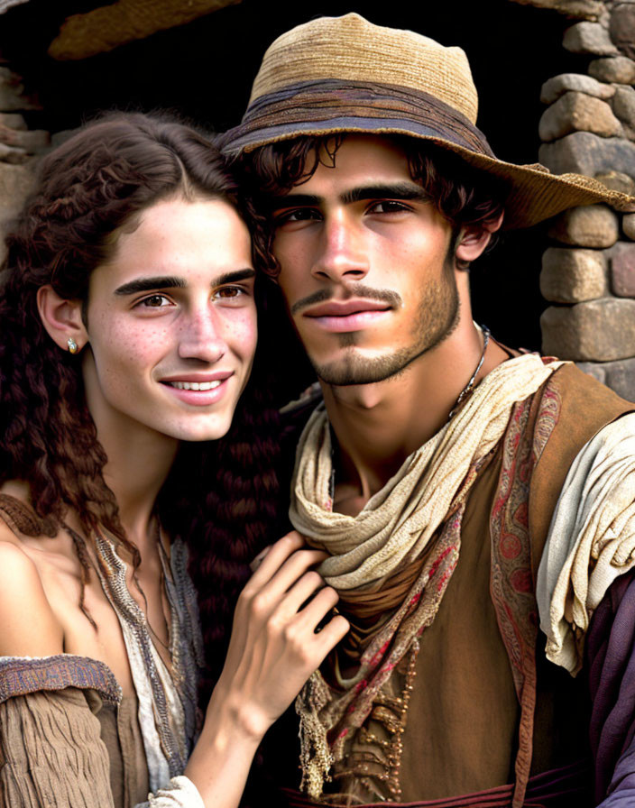 Young man and woman in historical peasant attire smiling against rustic stone backdrop