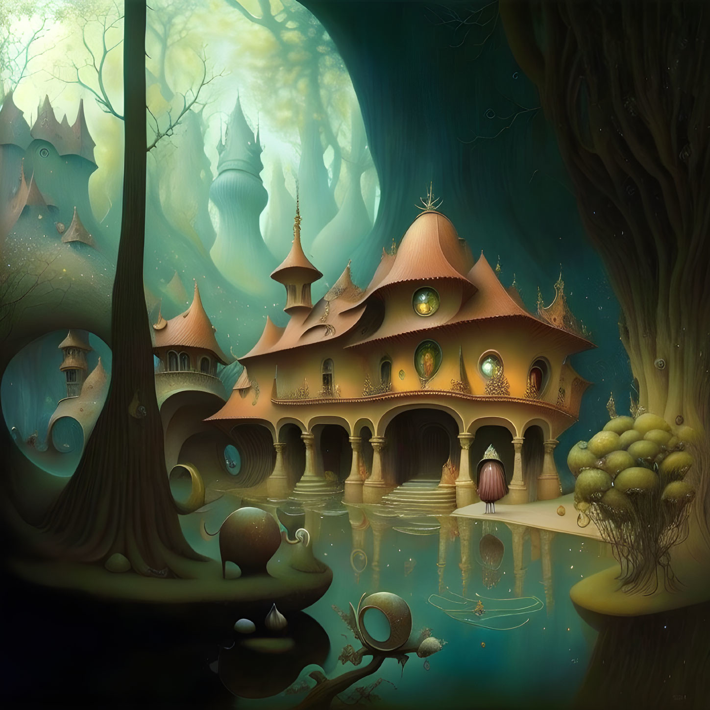 Enchanting forest with whimsical houses and glowing windows