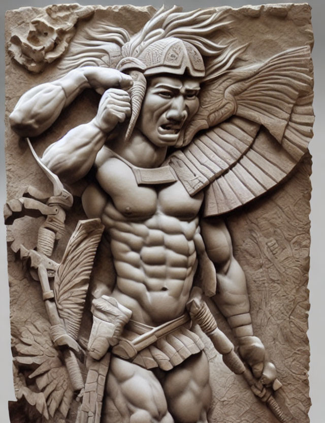 Muscular warrior in armor with sword in bas-relief.