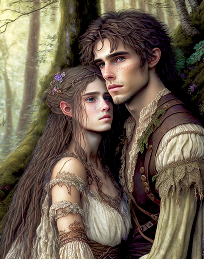 Fantasy illustration: Male and female elfin characters embracing in lush forest with medieval attire