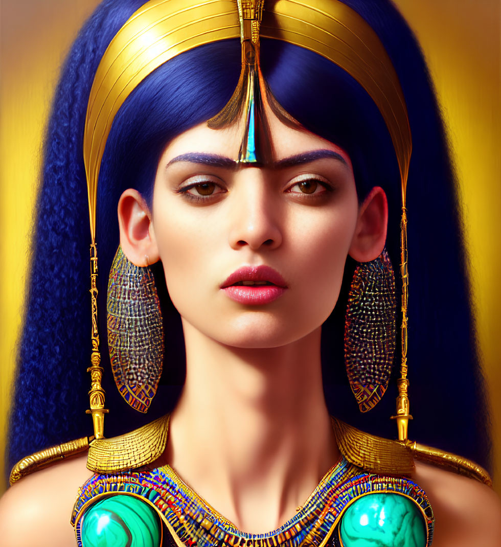 Digital portrait of a woman styled as ancient Egyptian with golden headdress and vibrant blue and gold jewelry.