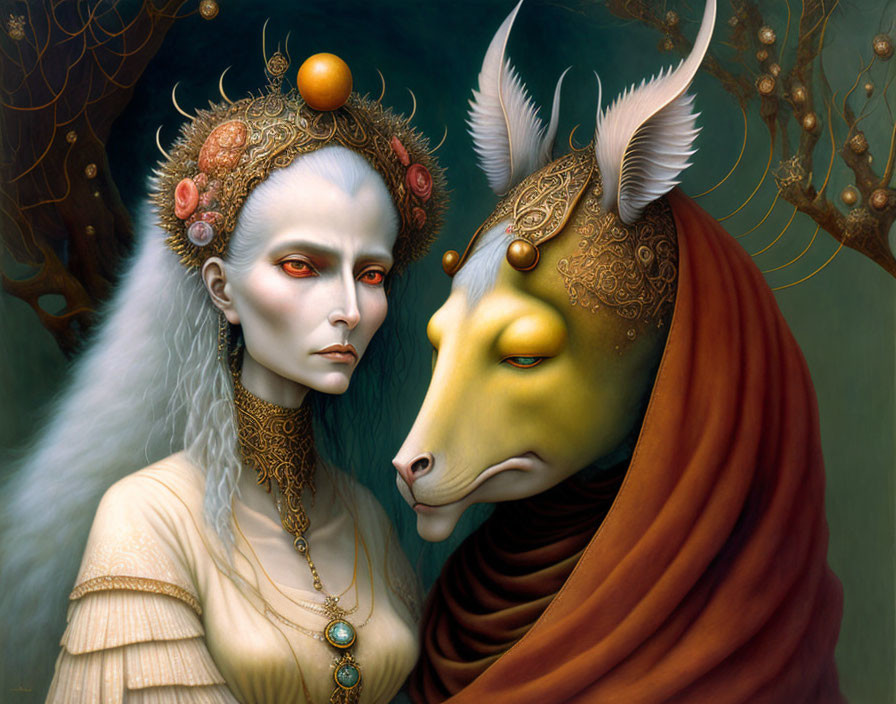 Fantastical portrait featuring pale human woman and majestic anthropomorphic bull