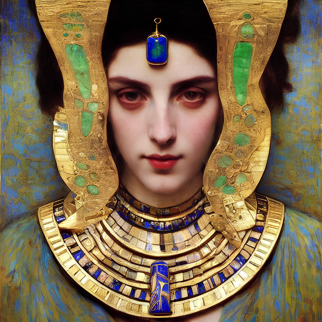 Portrait of a woman styled as Egyptian pharaoh with headdress and jewelry