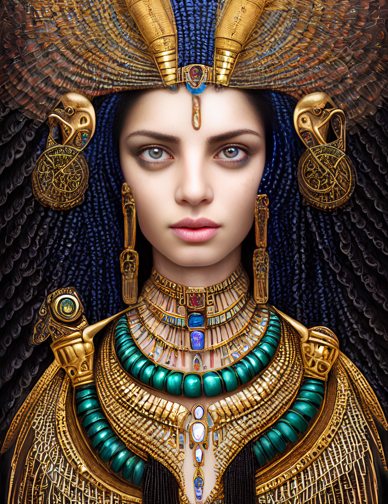 Intricate portrait of woman in Egyptian pharaoh regalia