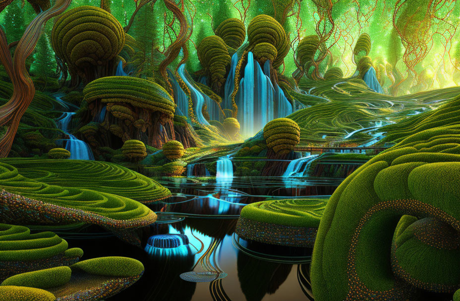 Vibrant fantasy landscape with moss-covered trees and waterfalls